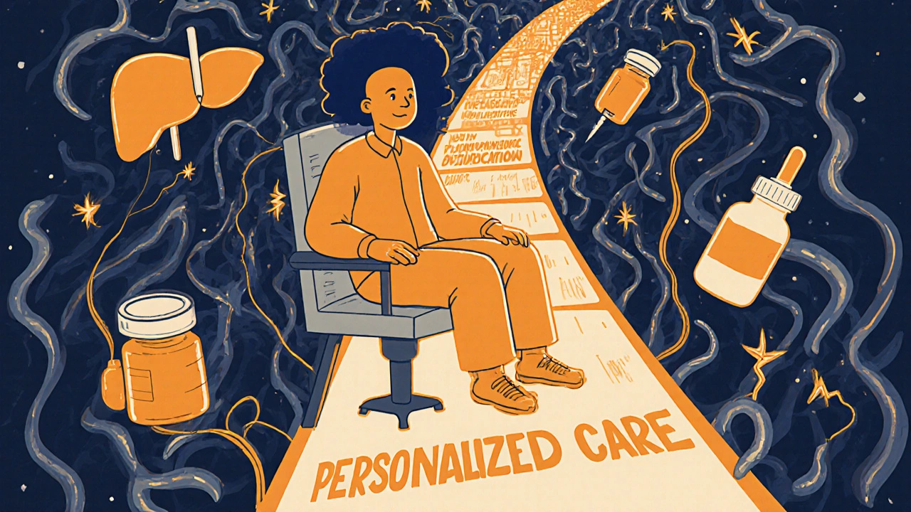 A patient guided by a therapist through a maze of medical symbols transforming into a path of personalized care, rendered in psychedelic style.