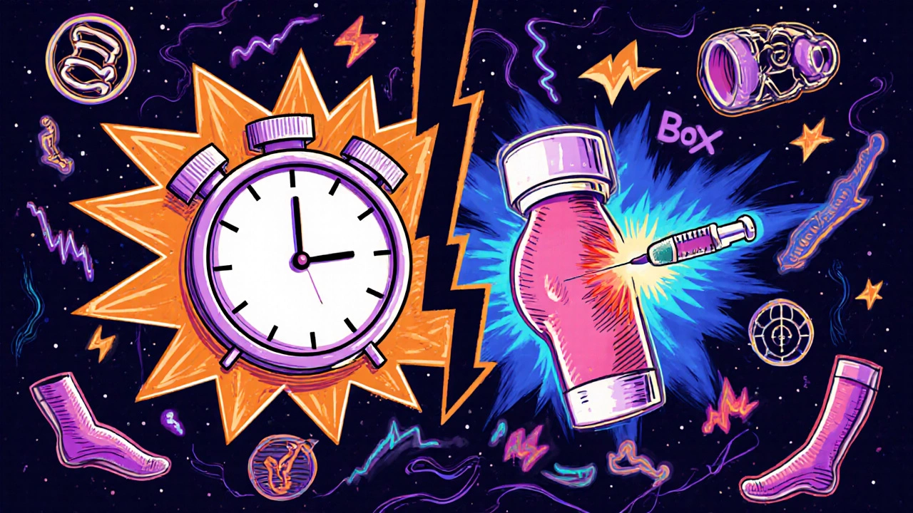 A split-panel cartoon showing tizanidine as a lightning bolt and Botox as a targeted injection, with therapy icons swirling around them.