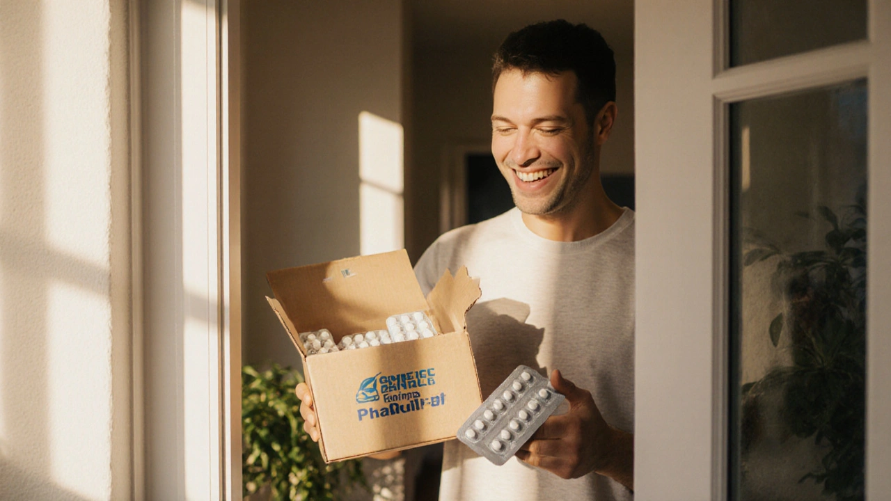 Adult opening a delivery box at home, revealing a pack of white tablets.