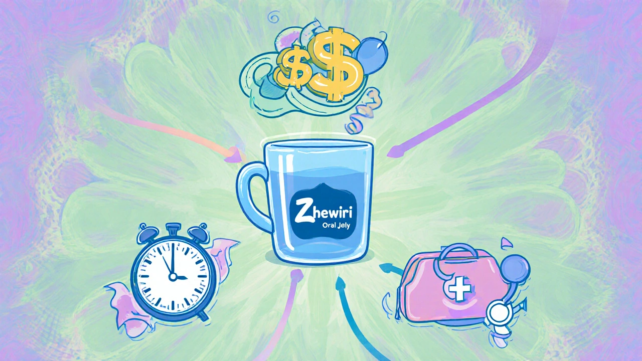 Cartoon decision scene with clock, wallet, and medical icons surrounding Zhewitra jelly.
