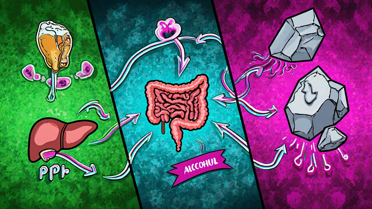 Cartoon organs linked by ribbons illustrating alcohol's effect on calcium regulation.