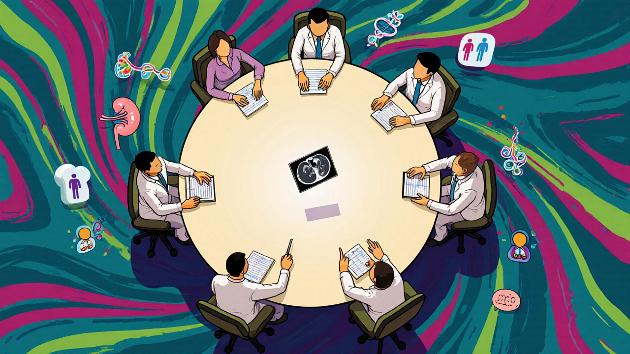 Cartoon specialists gather around a table reviewing scans and slides in a collaborative meeting.