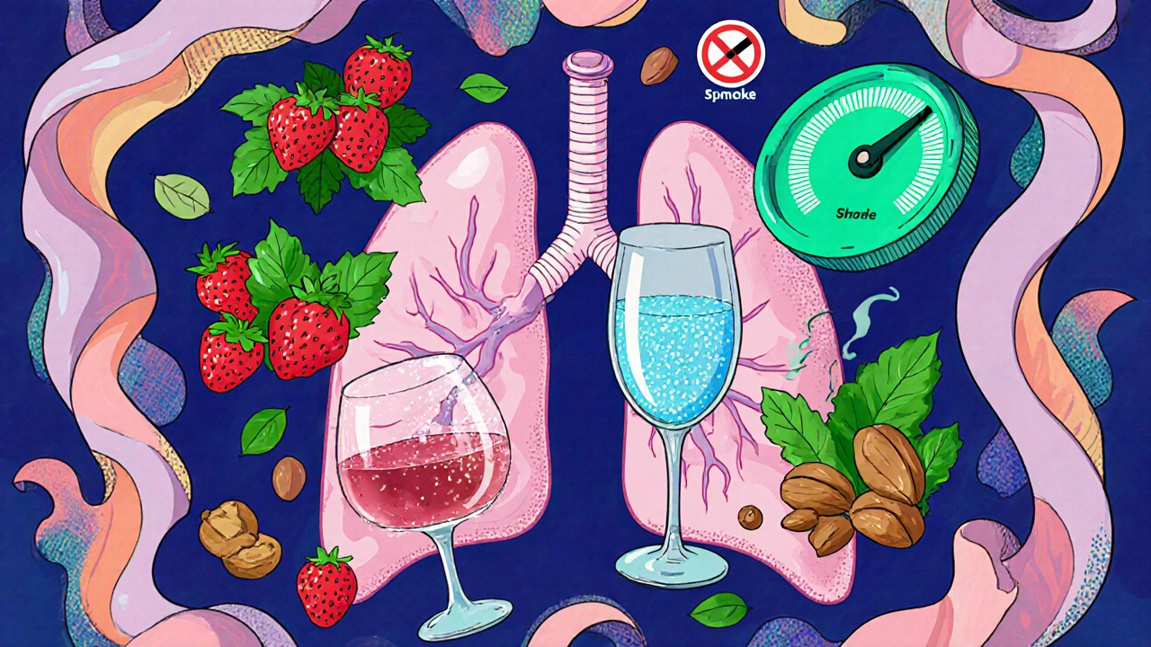 Collage of wine, water, antioxidant foods, and clear lungs illustrating tips to reduce inflammation.