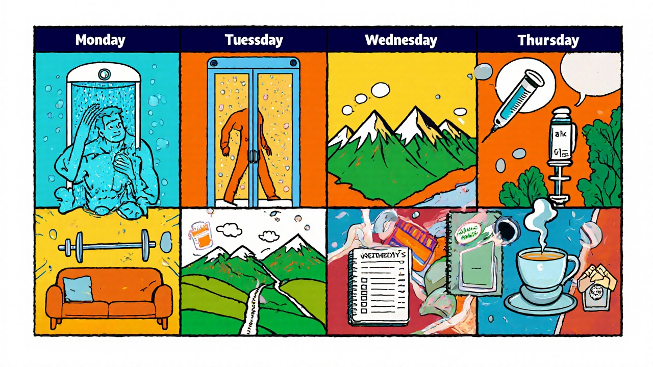 Comic‑style weekly calendar showing daily activities like creams, phototherapy, exercise, and journaling.