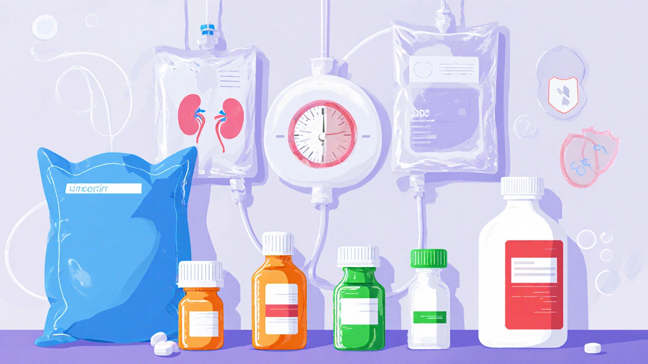Doctor&#039;s desk displaying IV bags and pill bottles for five antibiotics with visual cues.
