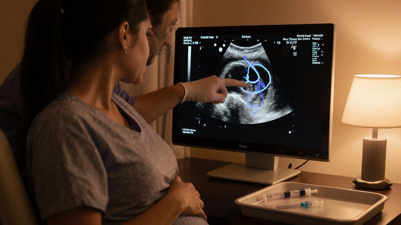 Doctor and pregnant patient discussing a Doppler ultrasound while LMWH injection is prepared.