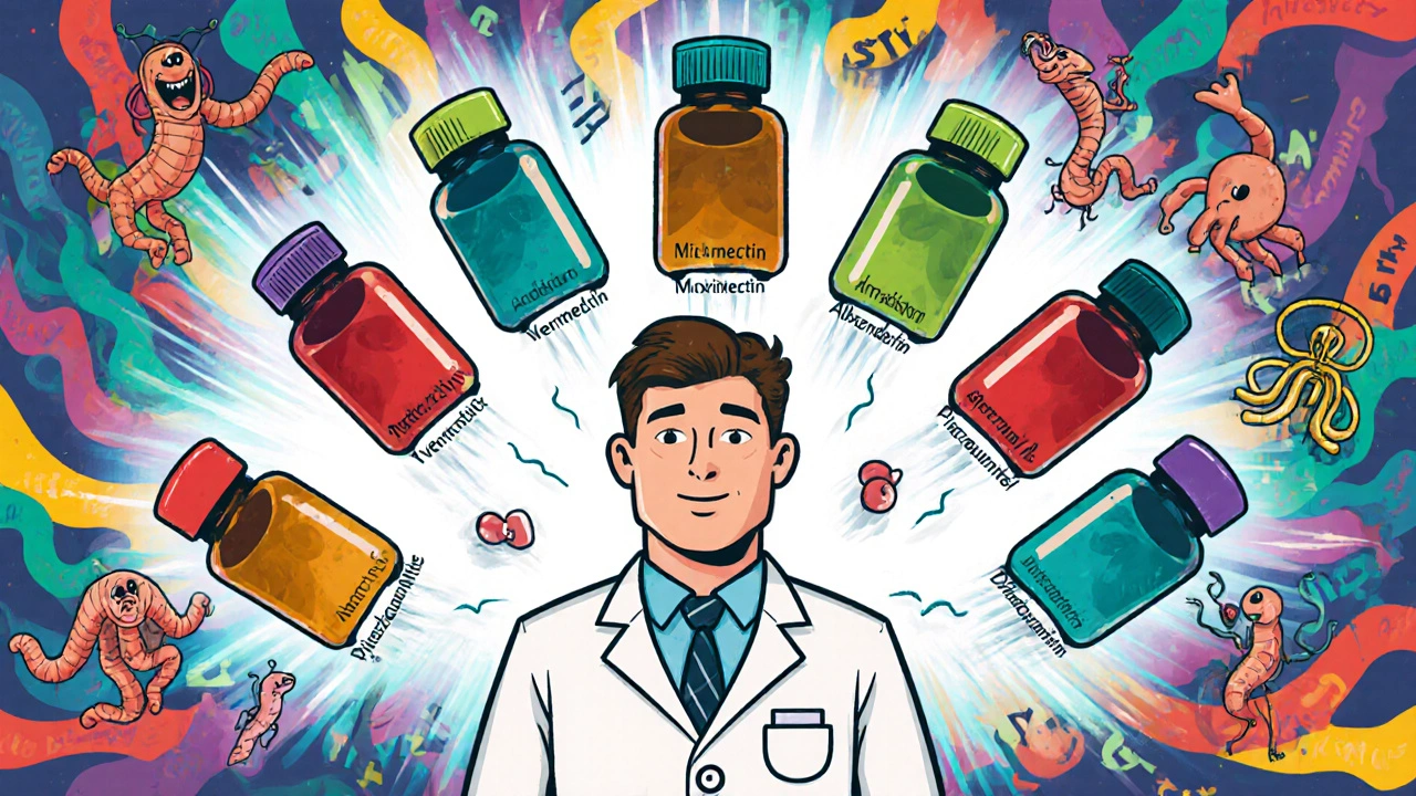 Doctor comparing multiple antiparasitic pills with cartoon parasites around him.
