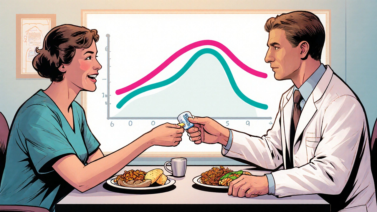 Doctor gives Miglitol pill to patient; glucose curve drops in the background.