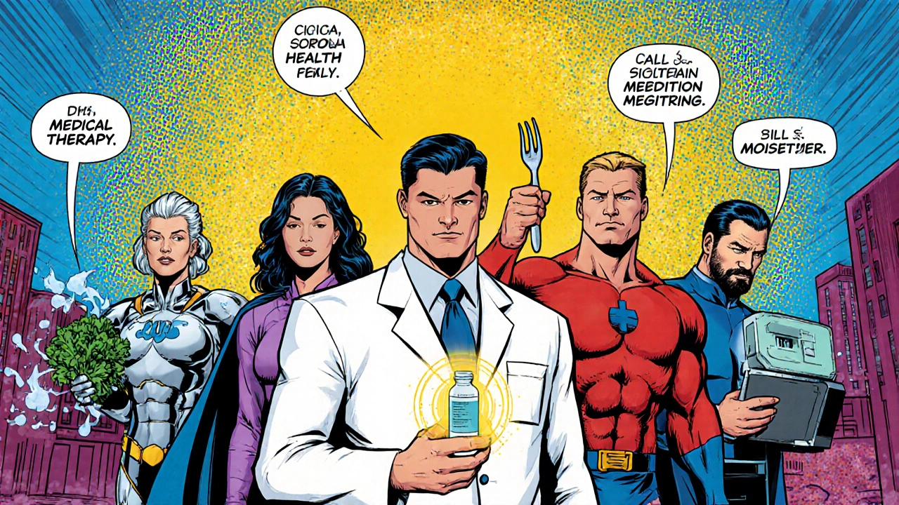 Five superhero characters representing medical, skin‑care, nutrition, mental health, and screening pillars.
