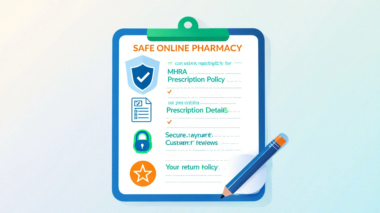 Flat illustration of a checklist with icons for pharmacy safety features.