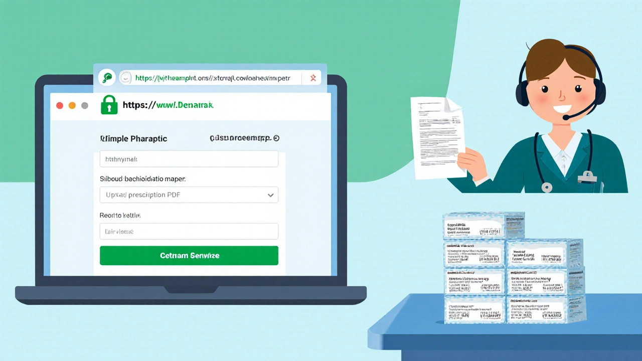 Flat illustration of a laptop showing secure site and MHRA number, pharmacist reviewing prescription.