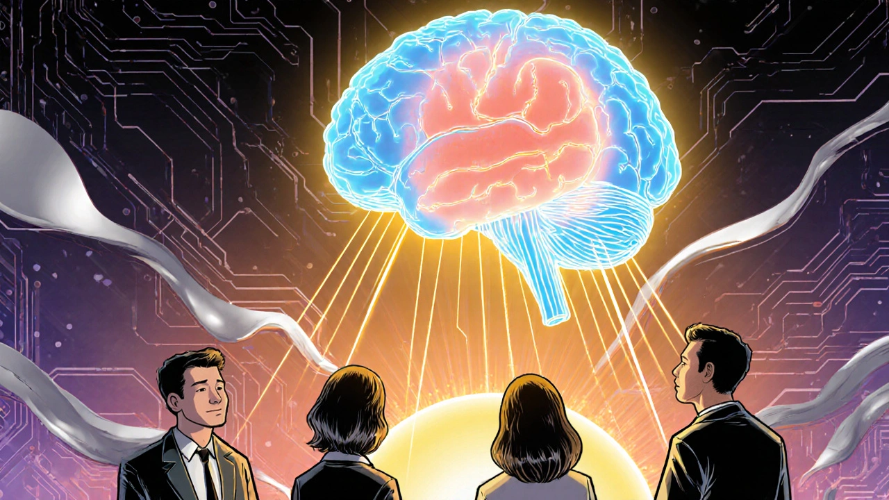 Glowing AI brain hovers above a team and a transforming tumor model toward a hopeful sunrise.