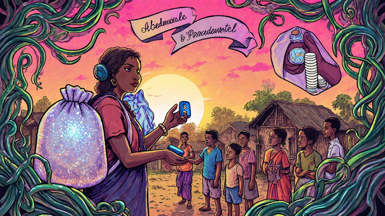 Health workers distributing single‑dose tablets to villagers in a psychedelic poster.