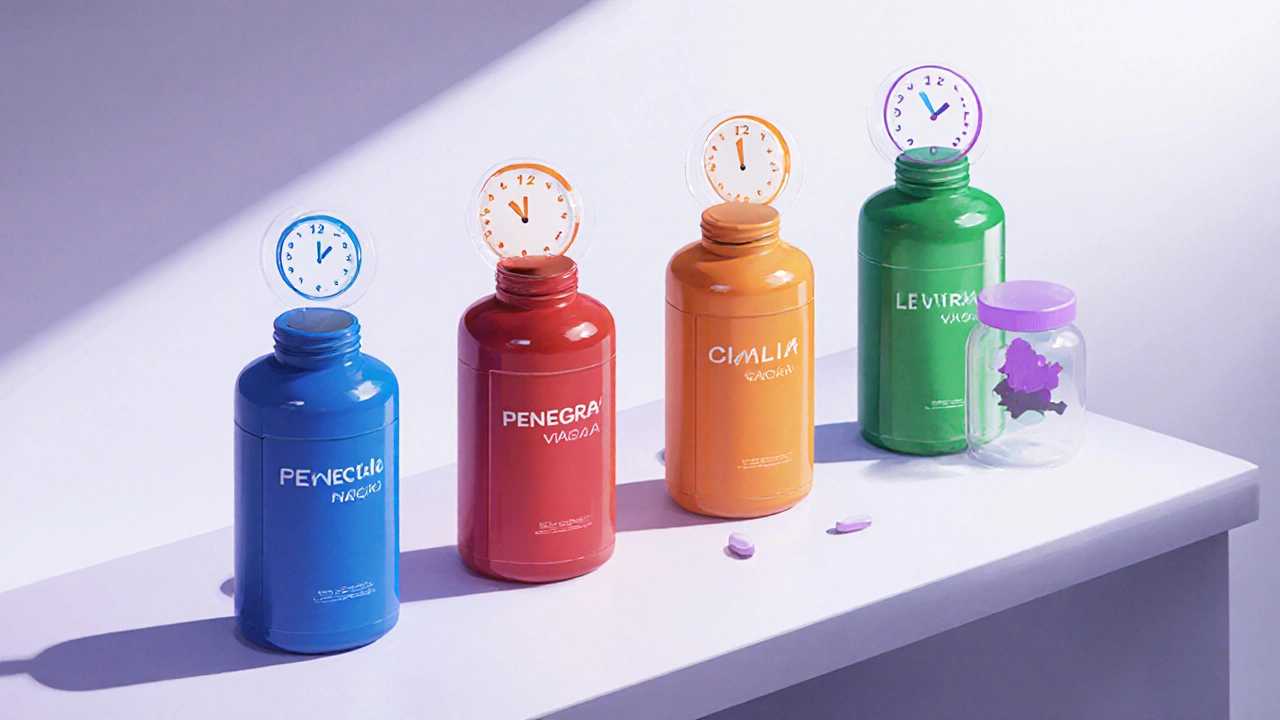 Illustrated lineup of five ED medication bottles, each with distinct colors and clock icons.