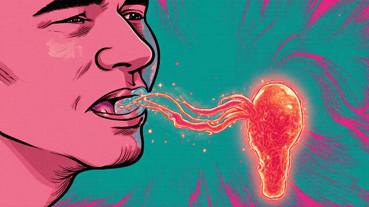 Illustrated mouth with jelly absorption leading to highlighted blood flow toward the penis.