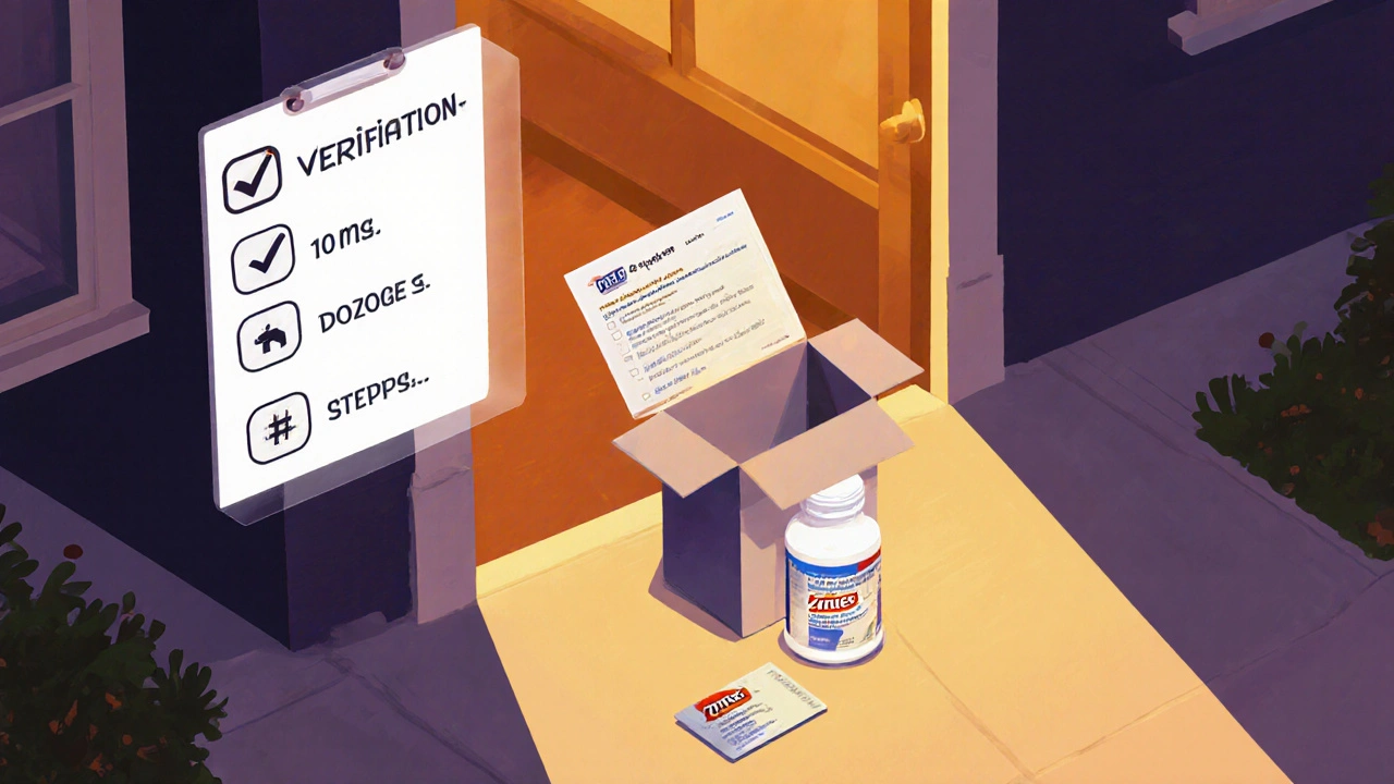 Isometric doorstep showing a parcel with generic Zyrtec bottles and discount symbols.