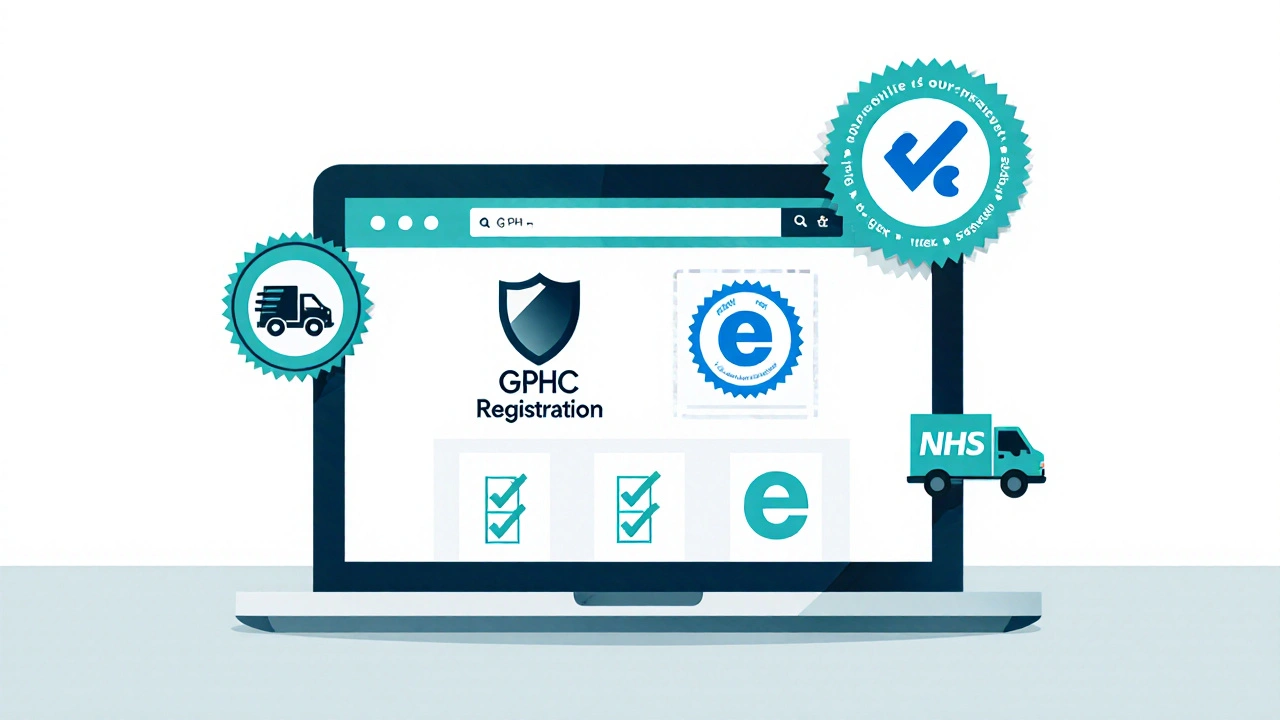 Laptop display with verification icons and a checklist for safe online pharmacy purchase.