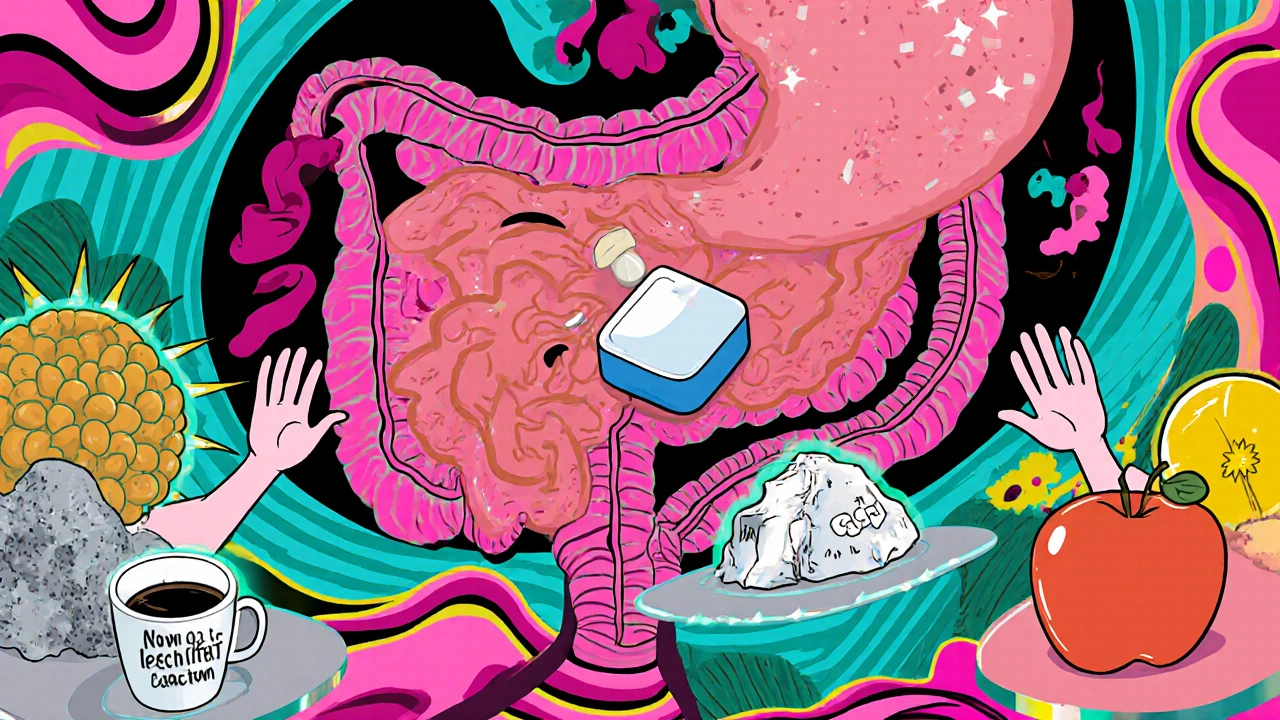 Levothyroxine pill navigating digestive tunnel, avoiding giant soybeans and coffee cups, safe foods glowing.