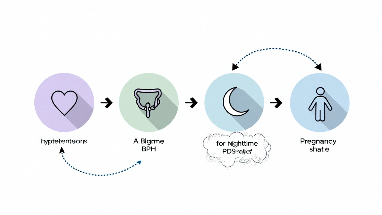 Minimalist icons of heart, bladder, moon, and pregnant figure linked by pastel arrows as a decision guide.