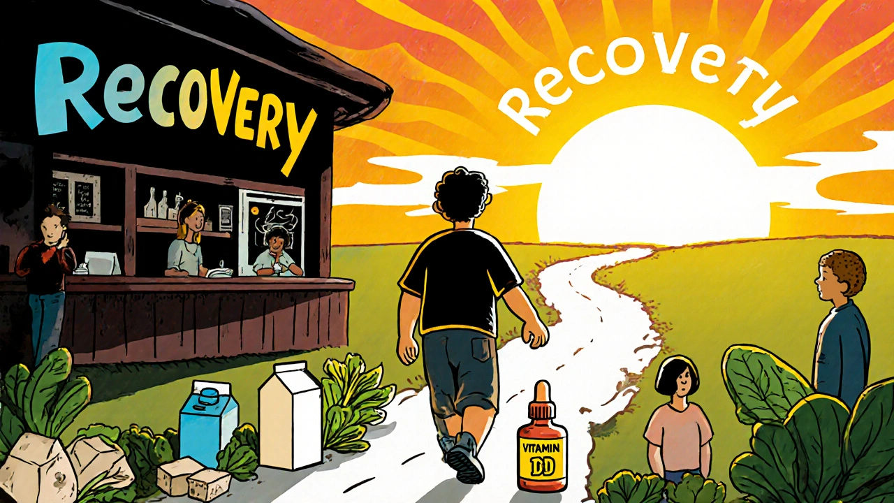 Person walking toward sunlight among calcium‑rich foods, symbolizing recovery.