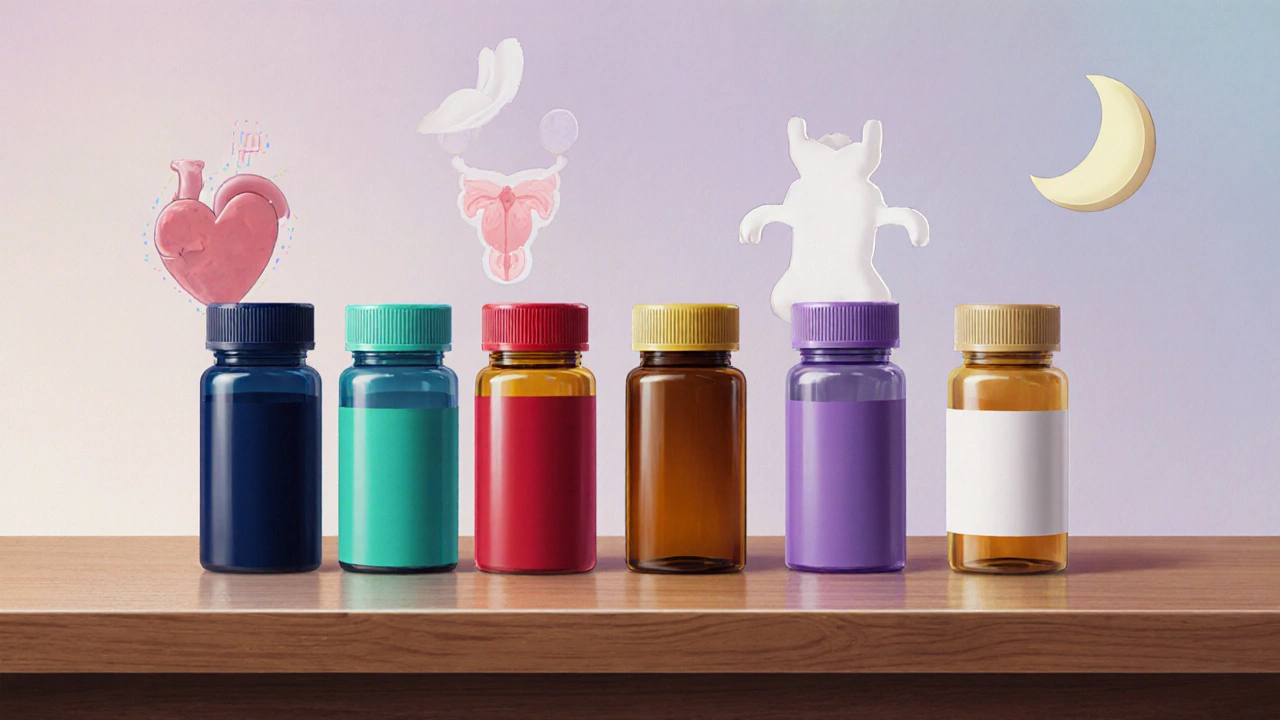 Row of colorful medication bottles on a wooden table with subtle heart, prostate, and moon silhouettes.