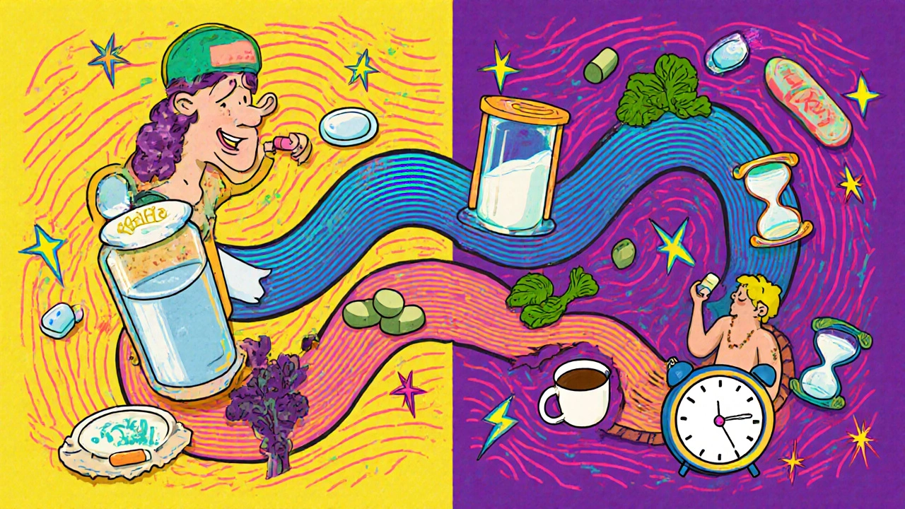 Split-day scene: morning pill with water, evening soy and coffee, connected by swirling time river.