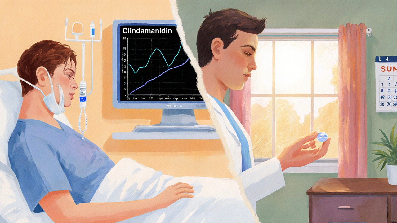 Split scene of patient on IV Lincocin versus oral clindamycin, with doctor guiding choice.