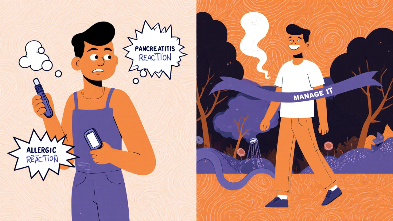 Split scene: one side shows serious side effects, the other shows healthy management with walking and warmth.