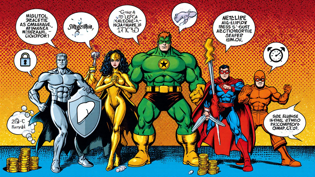 Superhero lineup representing six diabetes drugs with visual cues for action.