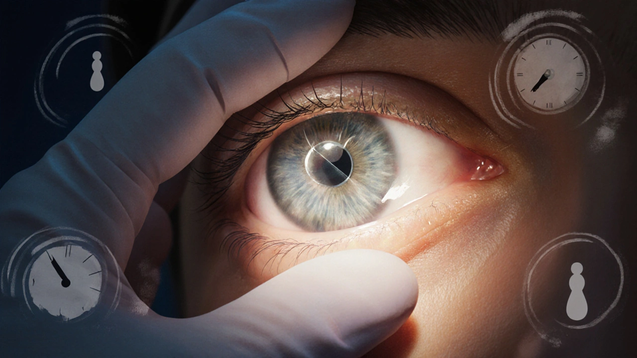 Surgeon&#039;s gloved hand examining a post‑operative eye with a translucent Ciprodex drop and a glowing anti‑inflammatory aura.