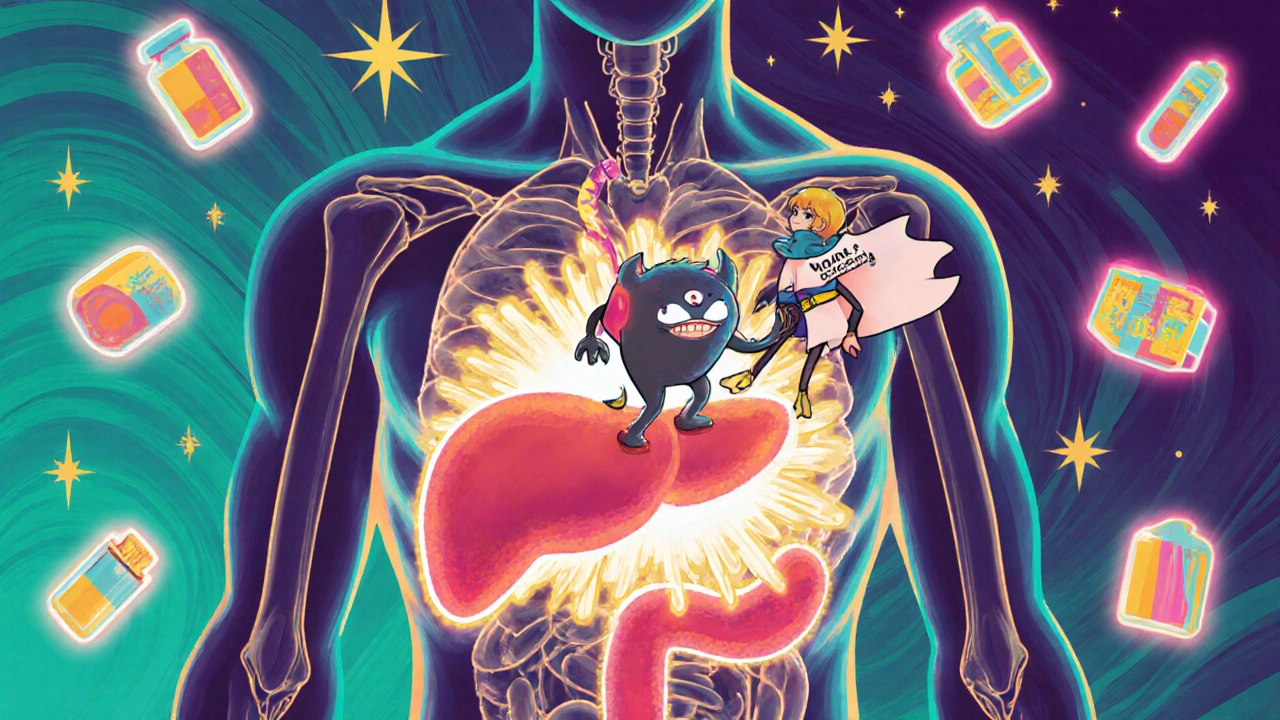 Transparent torso with glowing pancreas, DPP-4 monster blocked by vidagliptin superhero in psychedelic style.