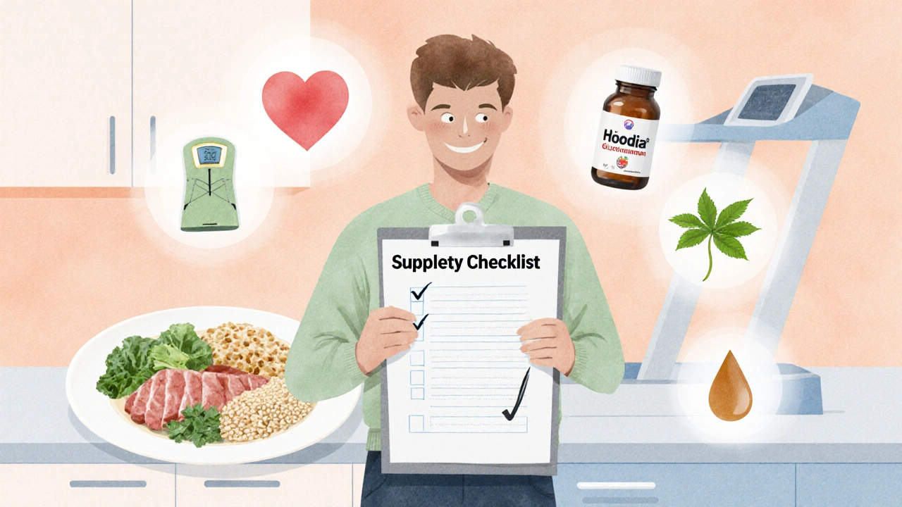 Watercolor of a person with a supplement checklist surrounded by health icons.