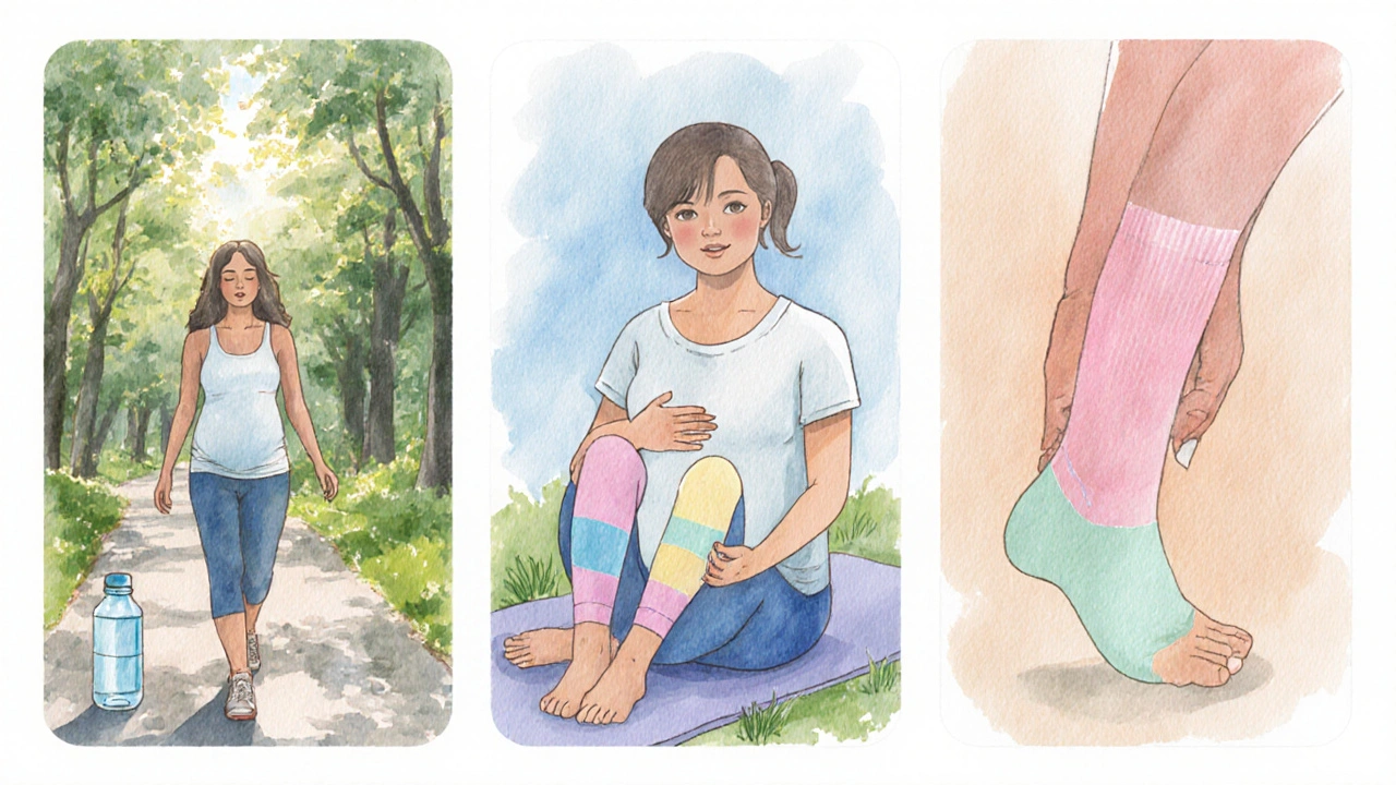 Watercolor vignettes of a pregnant woman walking, doing prenatal yoga, and wearing compression stockings.