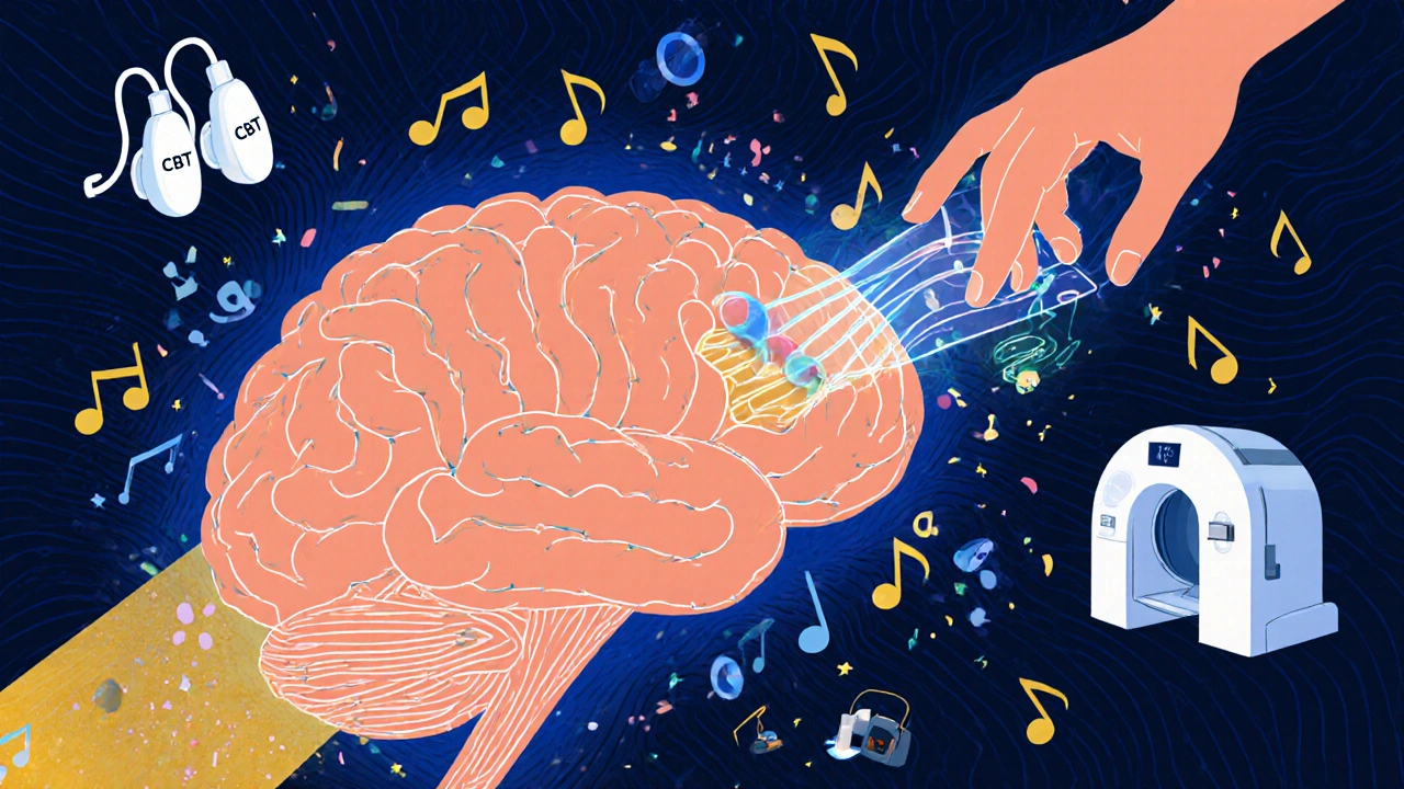 A brain illustrated as a mandala with neural pathways being redirected by therapy into calm waves.