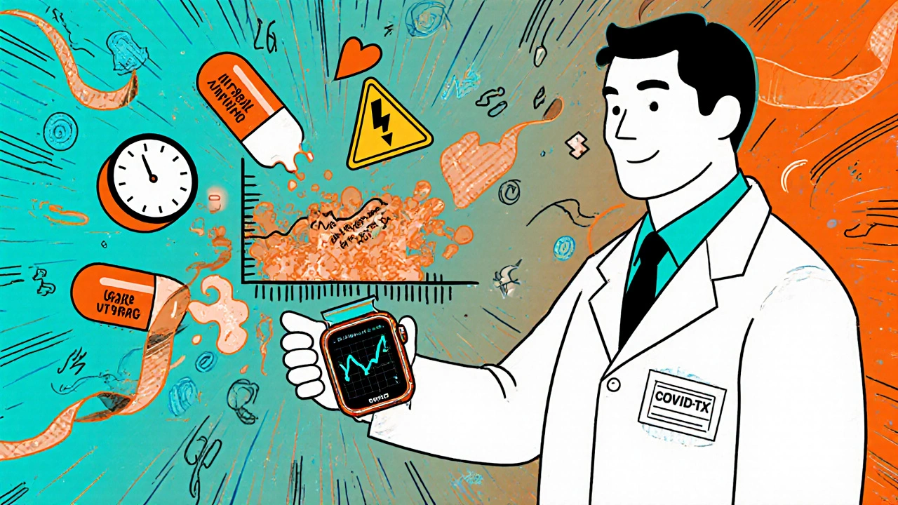 A doctor views a floating QT graph from an Apple Watch, while risky pills dissolve into warning symbols in psychedelic style.