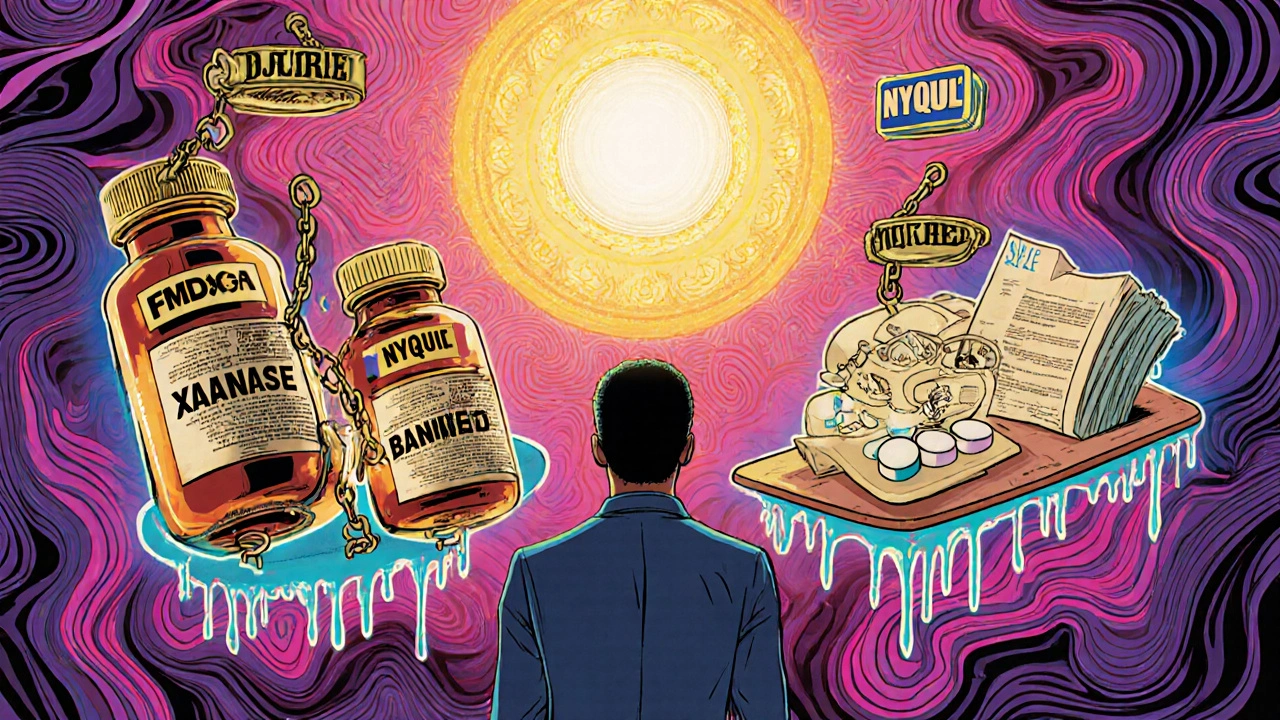 A driver faces a pill-bottle judge in a surreal courtroom, with banned medications chained and a glowing certificate shining.