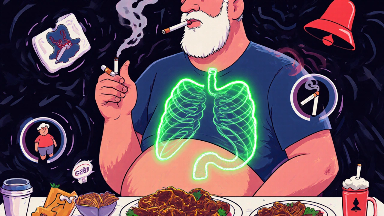 A man with GERD risk factors surrounded by floating symbols of obesity, smoking, and Barrett’s esophagus in psychedelic style.