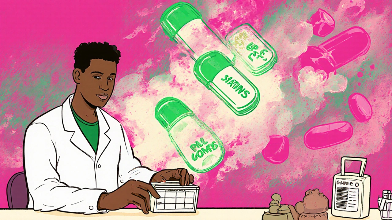 A pharmacist placing combination pills into a simple organizer as redundant pills vanish in smoke.