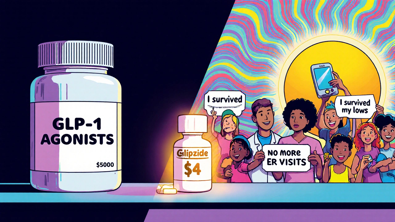 A pharmacy scene contrasting expensive diabetes drugs with affordable glipizide, surrounded by patients celebrating safer blood sugar control.