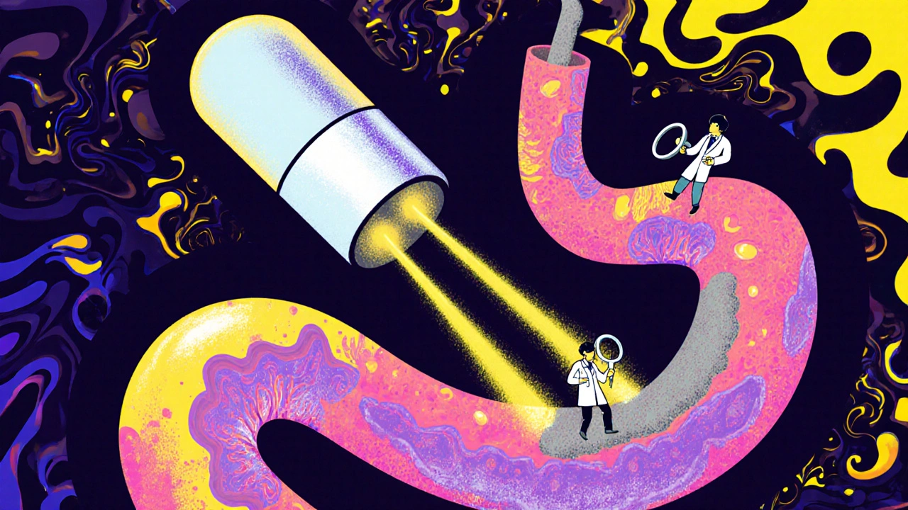 A pill-sized sponge traveling through a glowing esophagus as doctors use imaging beams to detect abnormalities.