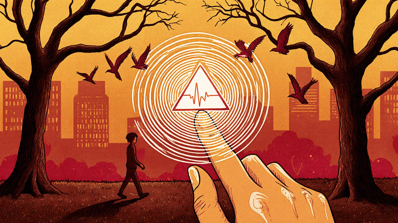 A smart ring emits real-time QT data ripples as a person walks through a park, with ECG-shaped birds flying overhead.