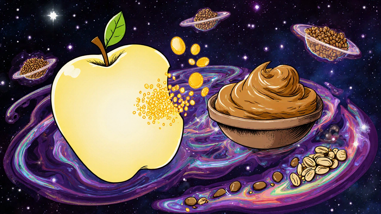 An apple and peanut butter floating together with slow-moving sugar particles and fiber webs.