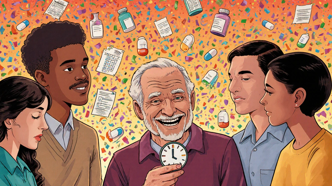 An elderly man smiles with one pill as a wall of medication charts crumbles into colorful confetti.