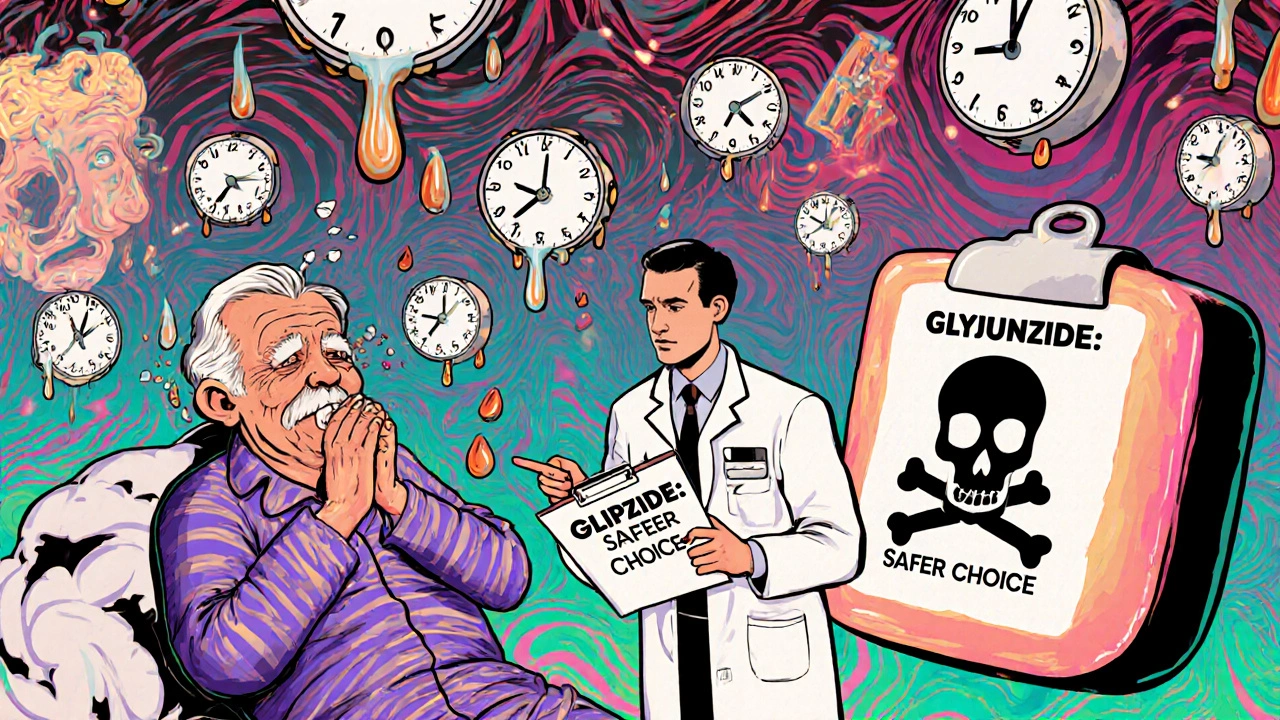An elderly patient in a hospital room surrounded by symbols of low blood sugar, with a doctor pointing toward a safer medication option.