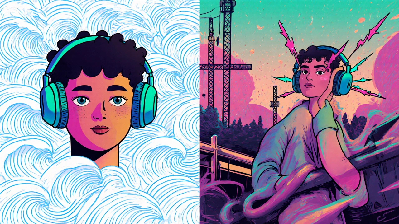 Contrasting scenes of calming sound therapy versus noisy environment with swirling psychedelic patterns.