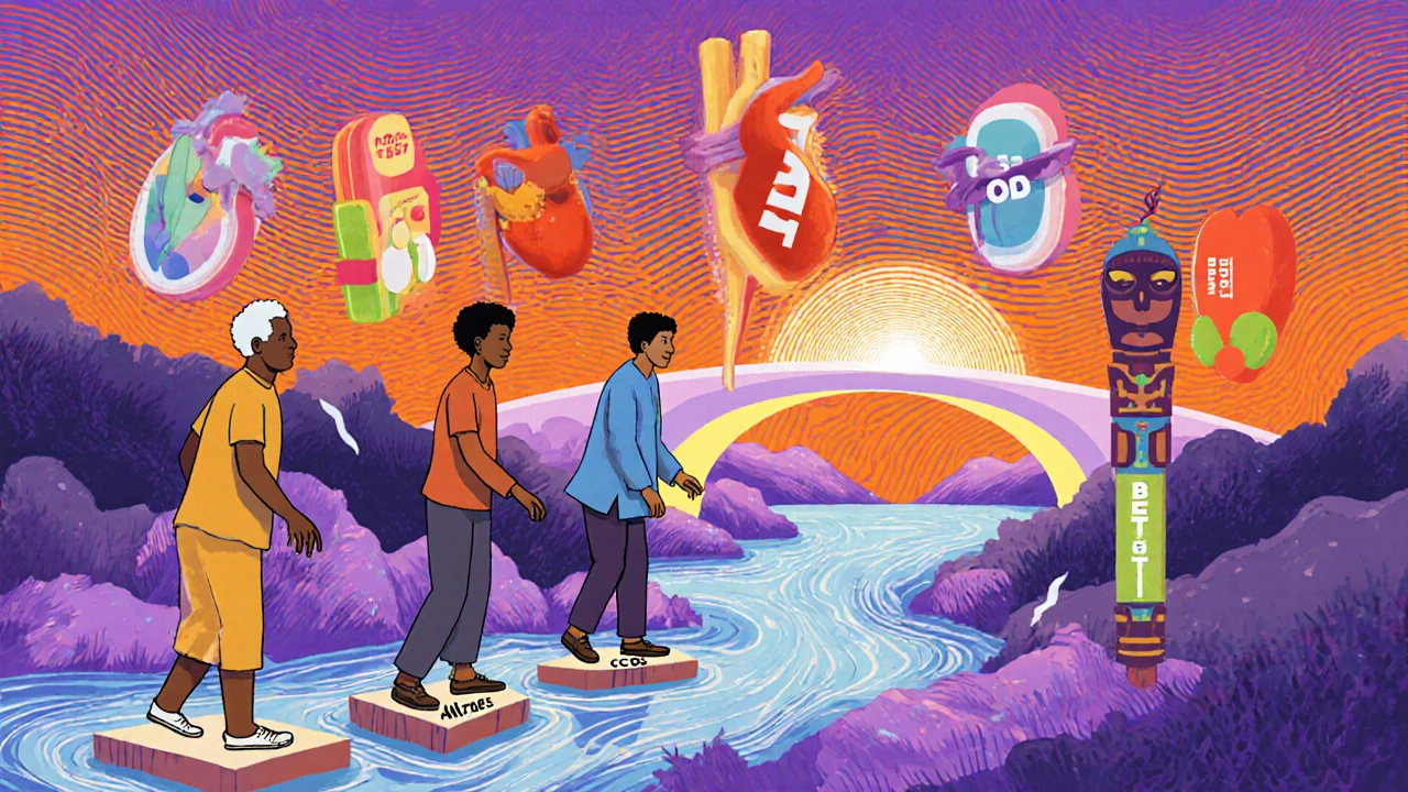 Diverse patients crossing a pill river toward a health bridge, surrounded by surreal medication totems