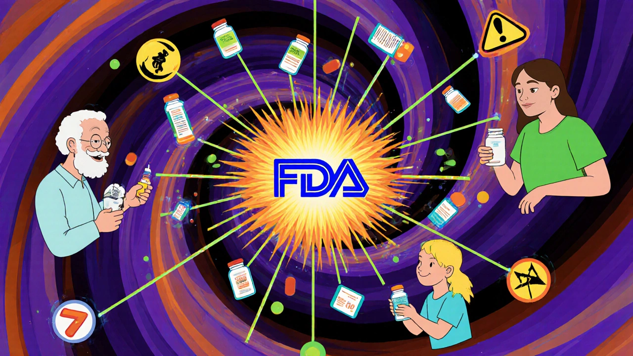 Diverse people connected by glowing ribbons leading to an FDA sunburst logo with pill bottles.