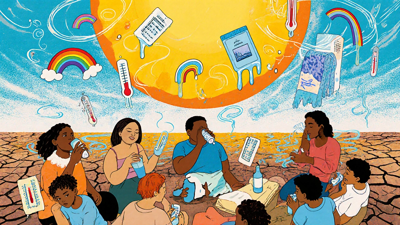 Diverse people in a cooling center surrounded by floating icons of water, electrolytes, and fans in psychedelic style.