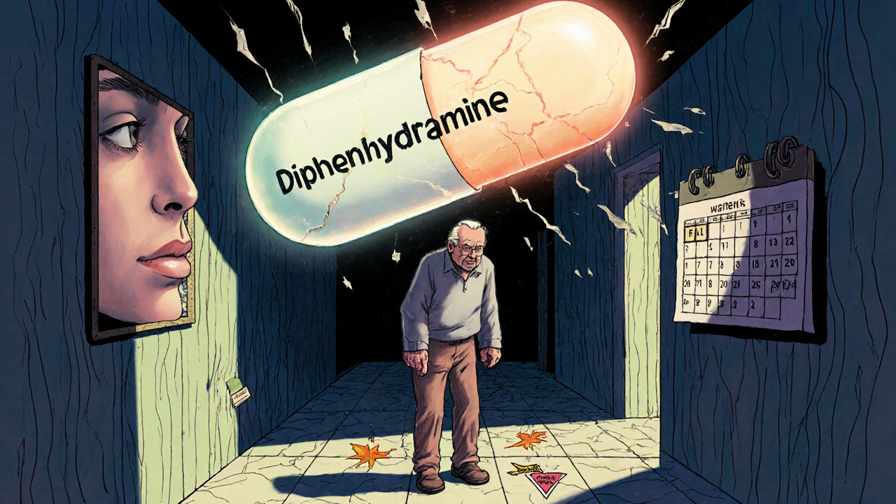 Elderly person unsteady in hallway, surrounded by floating symbols of confusion, falls, and blocked urination from a giant pill.