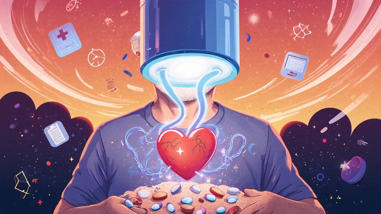 Futuristic smart pill activating only when standing, outdated pills crumbling, protective energy waves, sunset colors.